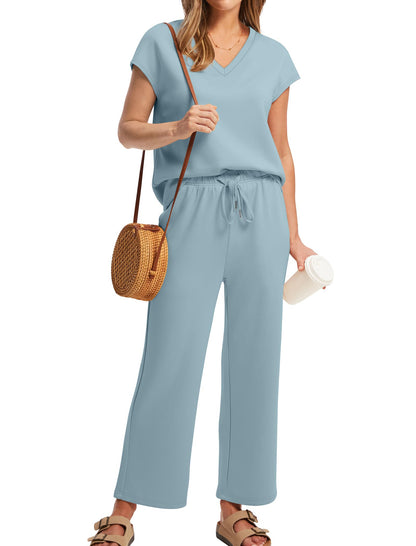 Saloogoe Two Piece Sets for Women Summer Outfits Lounge Sets V Neck Tops Wide Leg Pants Woman Vacation Travel Outfits