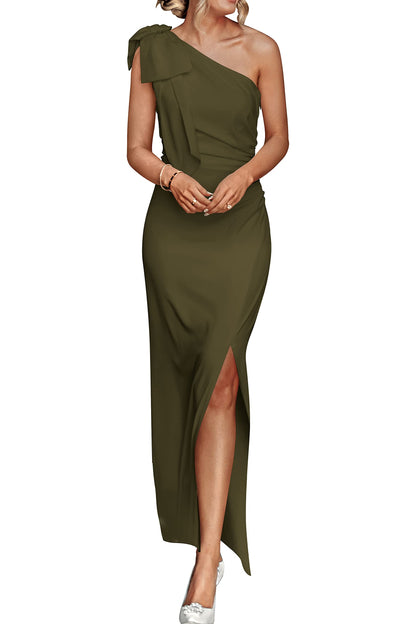 PRETTYGARDEN Women's Summer One Shoulder Long Formal Dresses Sleeveless Ruched Bodycon Wedding Guest Slit Maxi Dress