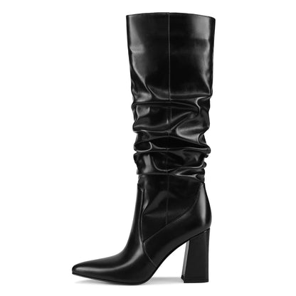Women's Knee High Boots Slouch Pointed Toe Tall Block Heel Boots Pull On Fall Boots for Women