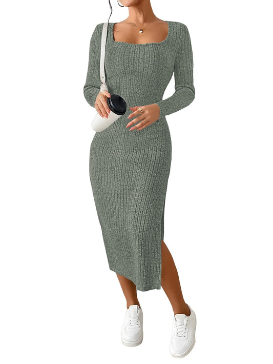 ETCYY NEW Womens Fall Dresses Square Neck Knitted Elastic Basic Winter Bodycon Versatile Slit Dress