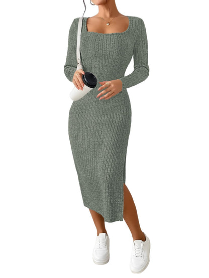 ETCYY NEW Womens Fall Dresses Square Neck Knitted Elastic Basic Winter Bodycon Versatile Slit Dress