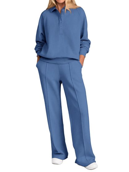 PRETTYGARDEN Women Fall 2 Piece Outfits Sweatsuits Quarter Button Long Sleeve Sweatshirt Wide Leg Pants Tracksuit Lounge Sets