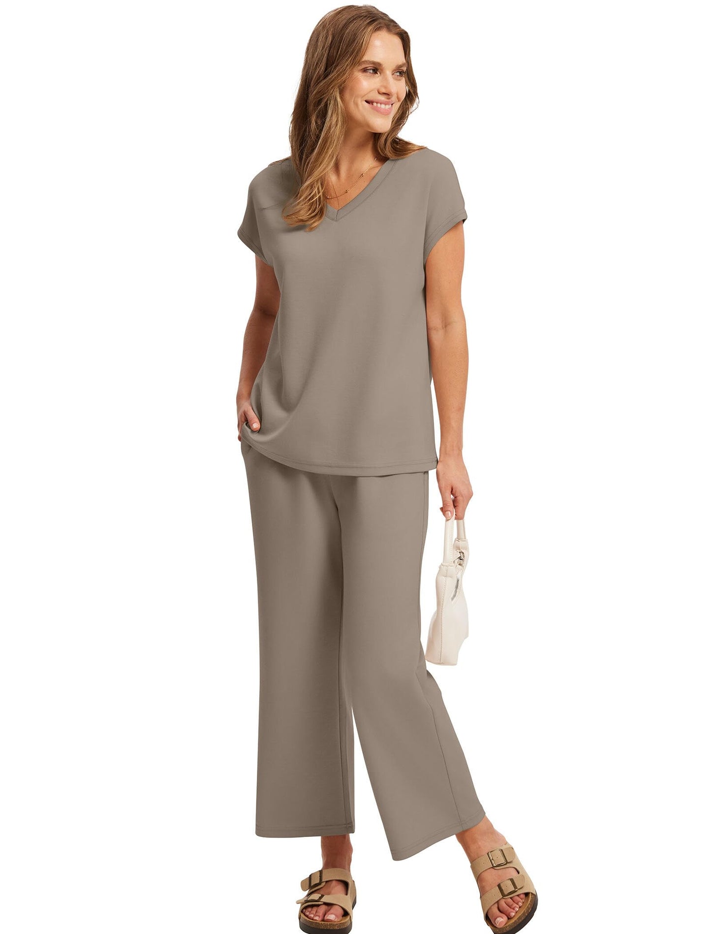 Saloogoe Two Piece Sets for Women Summer Outfits Lounge Sets V Neck Tops Wide Leg Pants Woman Vacation Travel Outfits