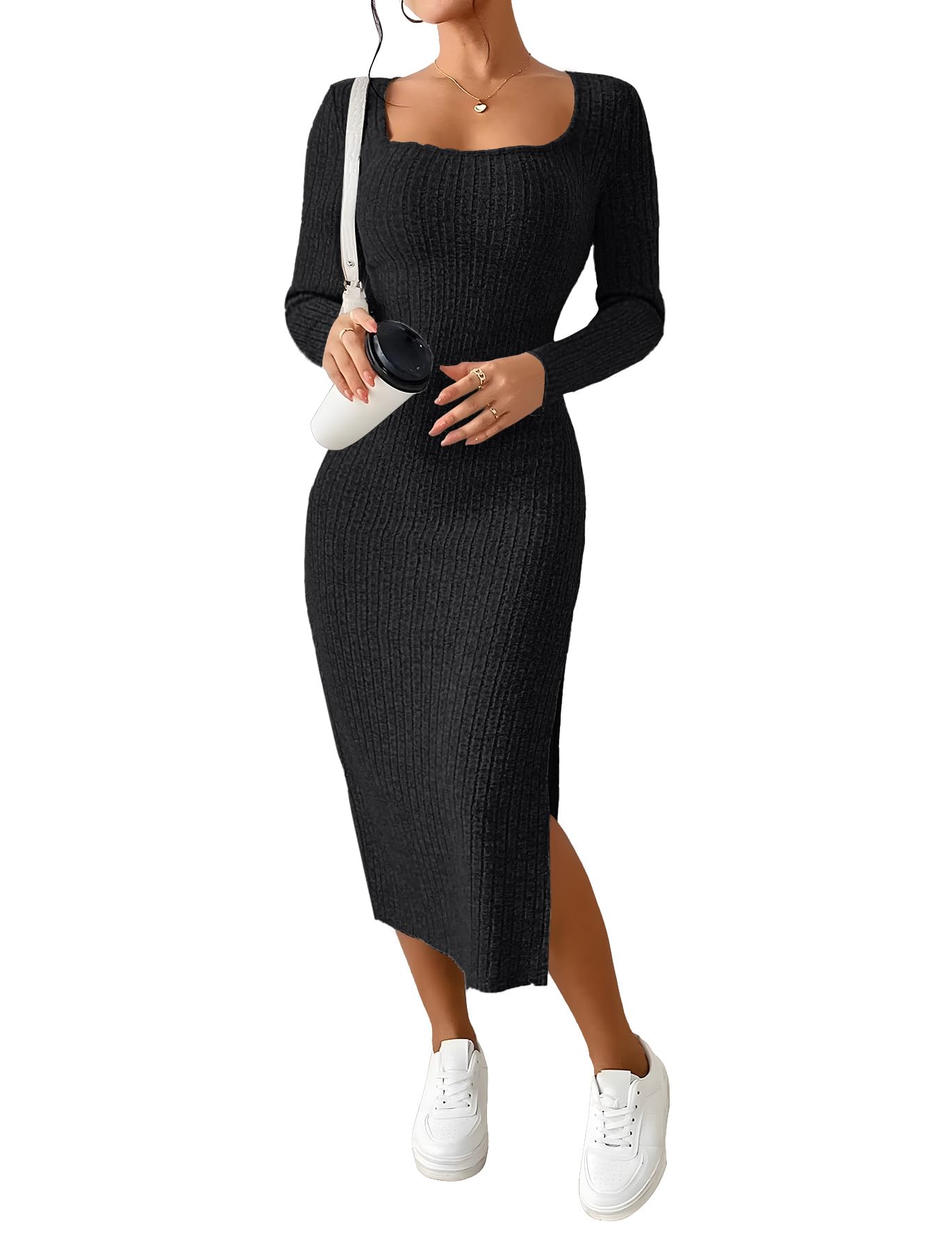 ETCYY NEW Womens Fall Dresses Square Neck Knitted Elastic Basic Winter Bodycon Versatile Slit Dress