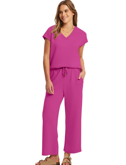 Saloogoe Two Piece Sets for Women Summer Outfits Lounge Sets V Neck Tops Wide Leg Pants Woman Vacation Travel Outfits