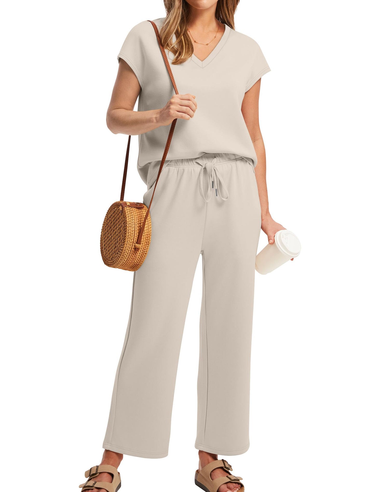 Saloogoe Two Piece Sets for Women Summer Outfits Lounge Sets V Neck Tops Wide Leg Pants Woman Vacation Travel Outfits