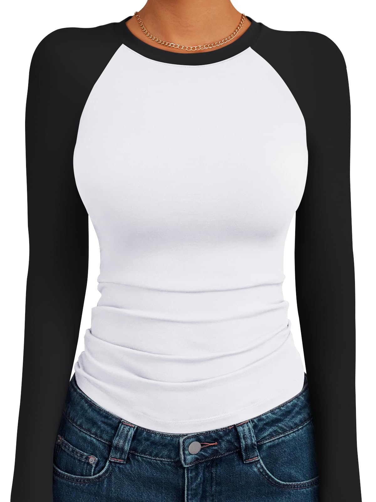 Trendy Queen Women's Long Sleeve Shirts Slim Fit Stretchy Color Block Slightly Cropped Tops