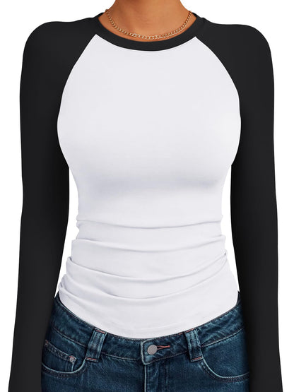 Trendy Queen Women's Long Sleeve Shirts Slim Fit Stretchy Color Block Slightly Cropped Tops
