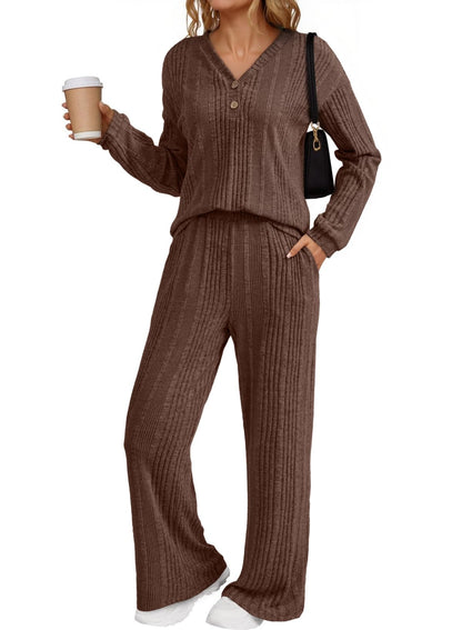 Dokotoo 2 Piece Lounge Sets for Women Ribbed Knit Button V Neck Long Sleeve Tops Matching Pants Pajamas Set 2025 Fall Outfits