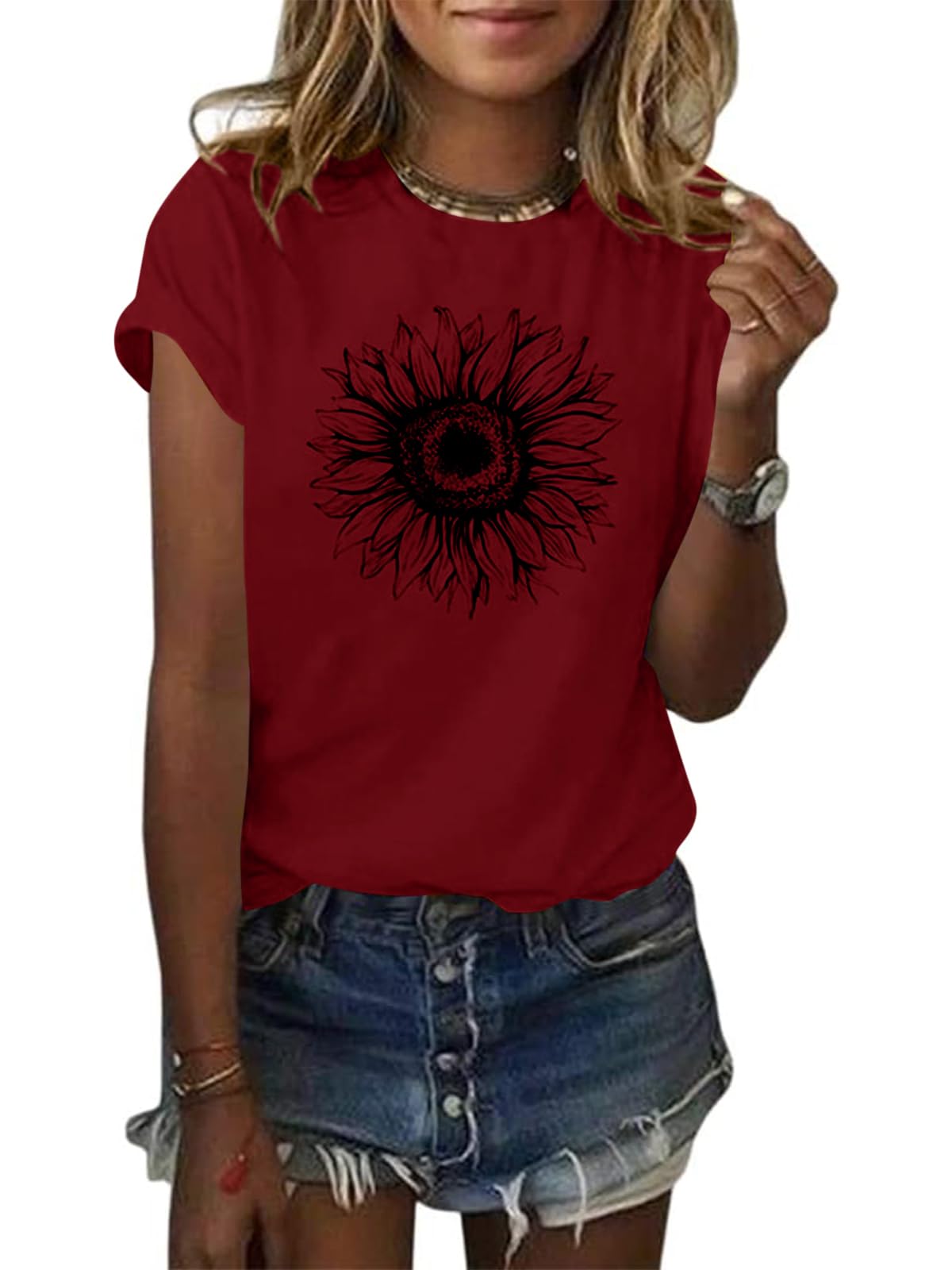 Cicy Bell Women's T Shirts Short Sleeve Tees Sunflower Graphic Loose Summer Tops