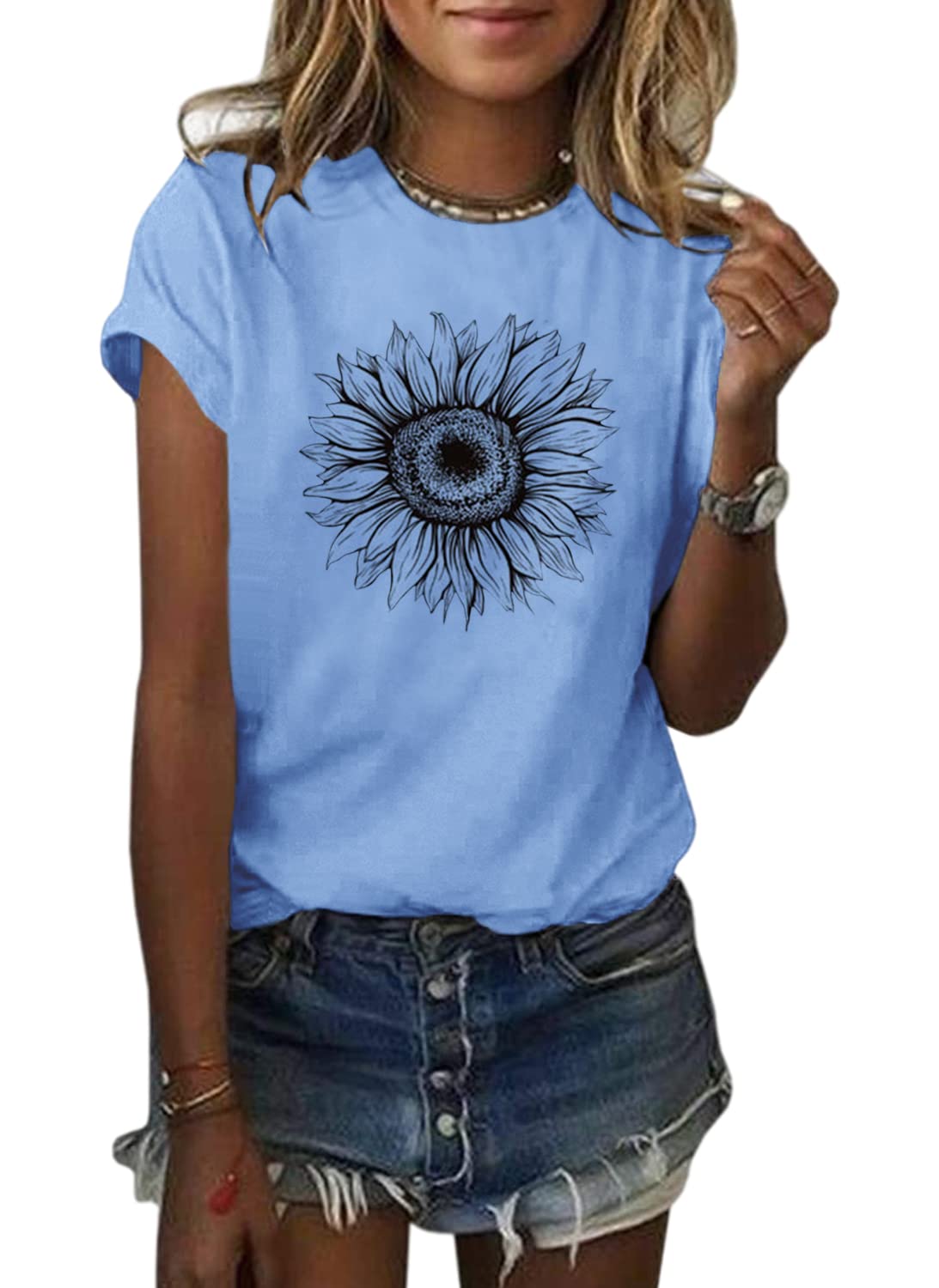 Cicy Bell Women's T Shirts Short Sleeve Tees Sunflower Graphic Loose Summer Tops