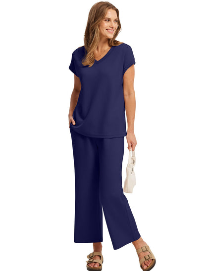 Saloogoe Two Piece Sets for Women Summer Outfits Lounge Sets V Neck Tops Wide Leg Pants Woman Vacation Travel Outfits