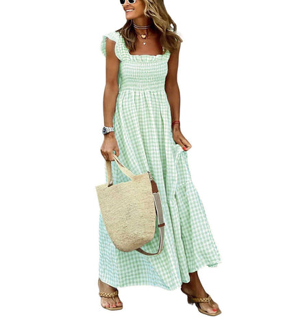 chouyatou Women's Retro Plaid Smocked Dress Spaghetti Strap Flounce Long Dress