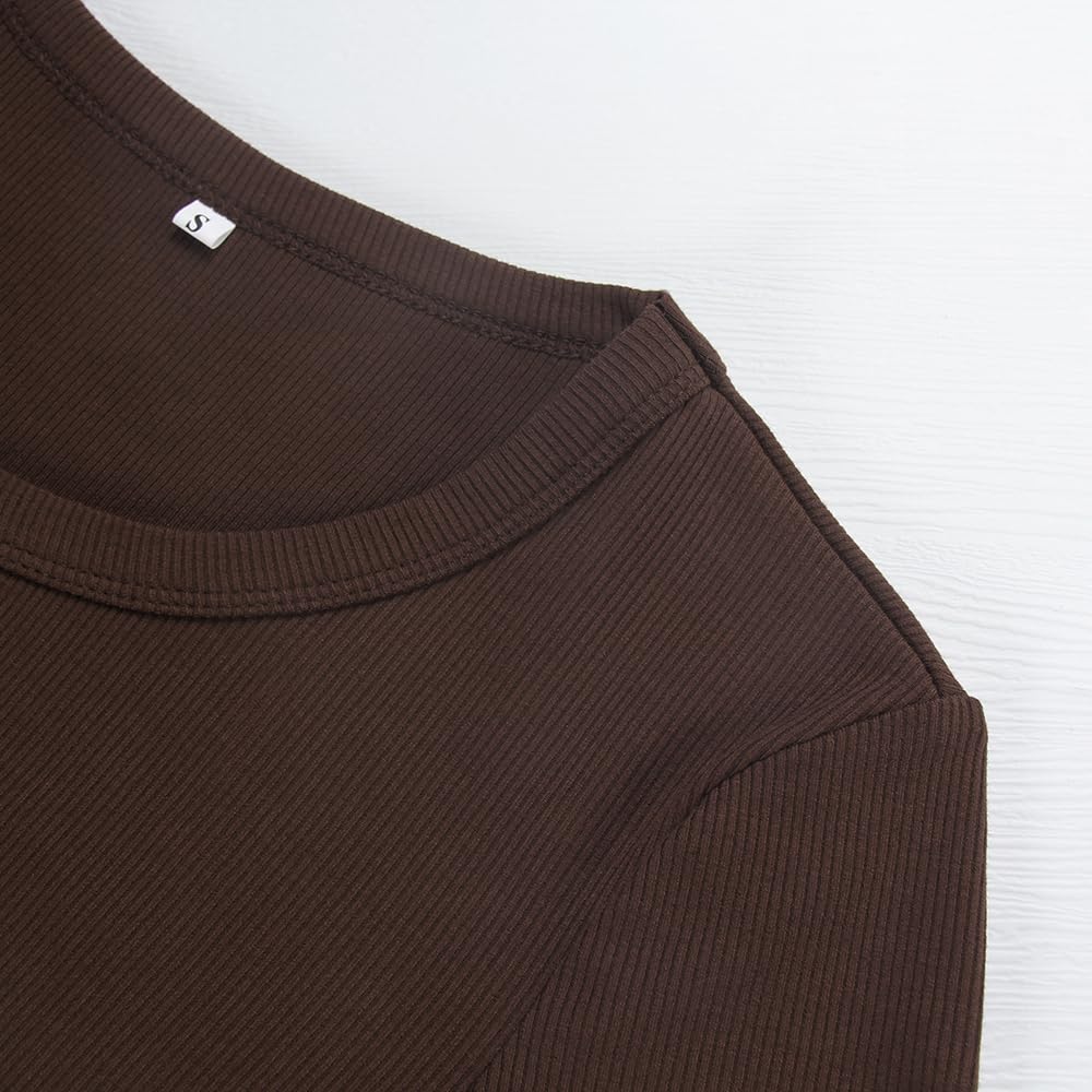 GEMBERA Womens Ribbed Long Sleeve Crewneck Casual Slim Basic Shirts Fitted Knit Tops