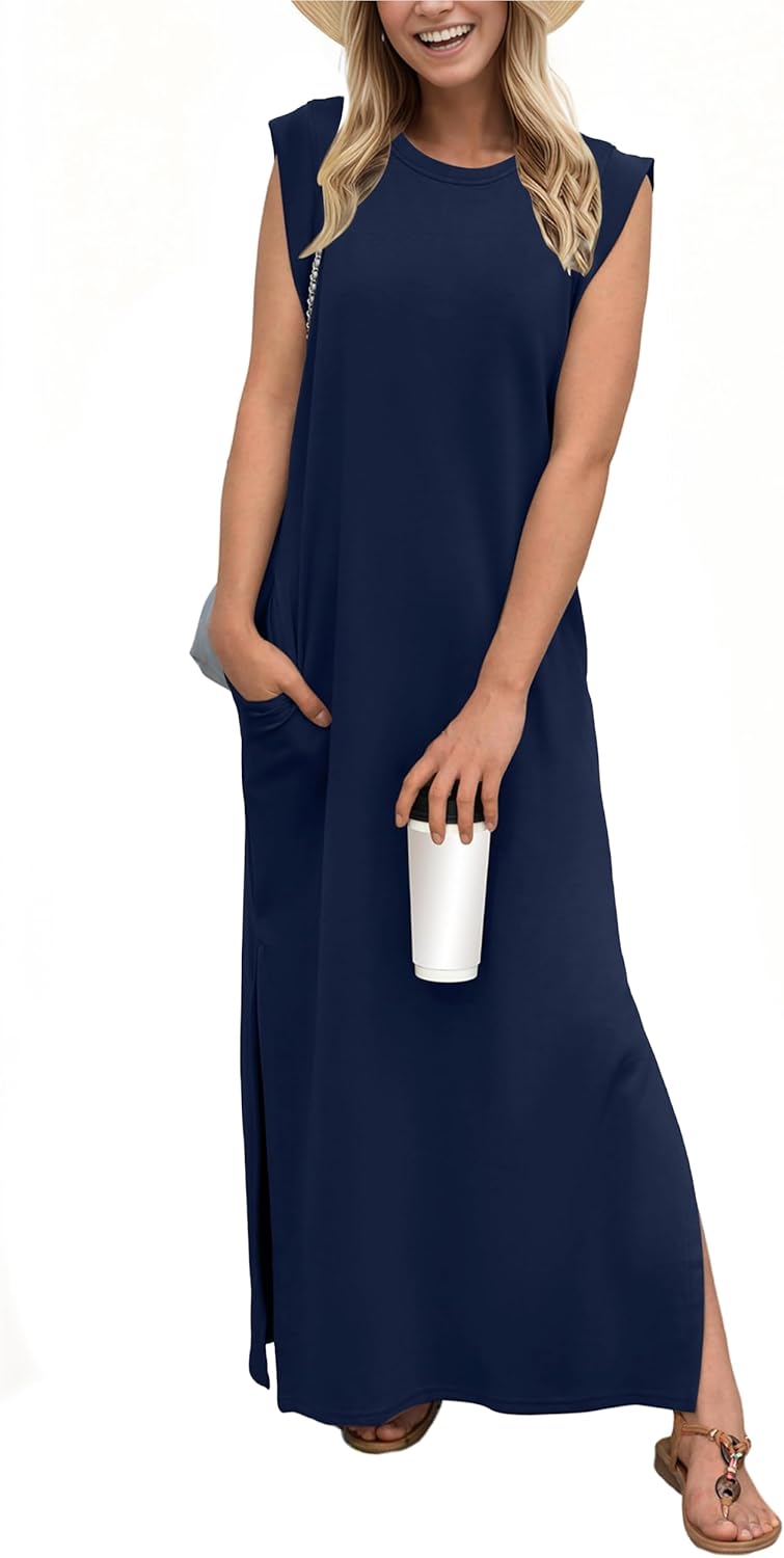 GRECERELLE 2025 Women Year-Round Casual Round Neck Loose Split Wrinkle-Free Long Maxi Vacation Dress with Pockets (XS-3XL)