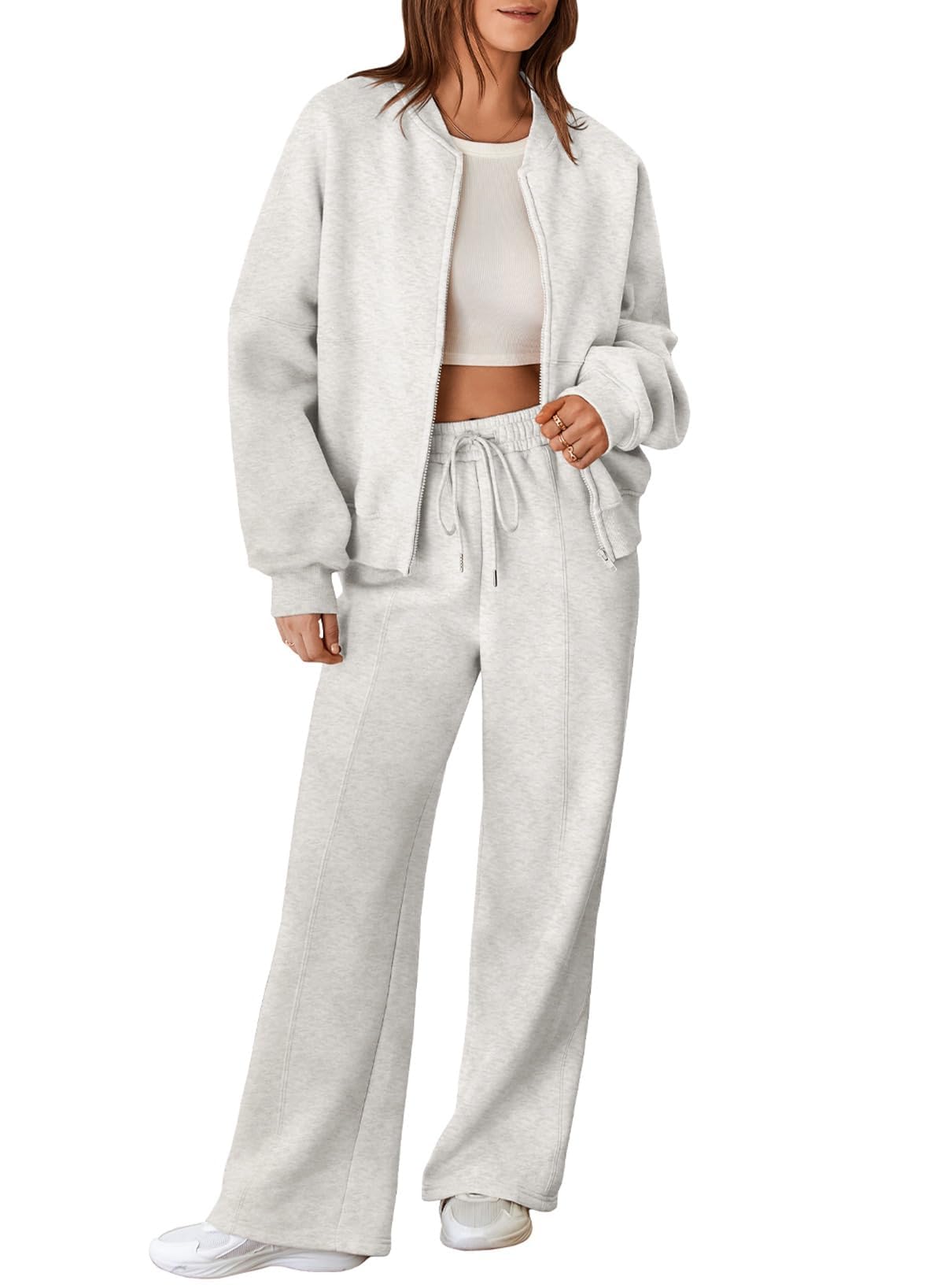 Aleumdr Women's 2 Piece Outfits Oversized Fleece Sweatsuit Zip Up Long Sleeve Sweatshirt with Wide Leg Sweatpants