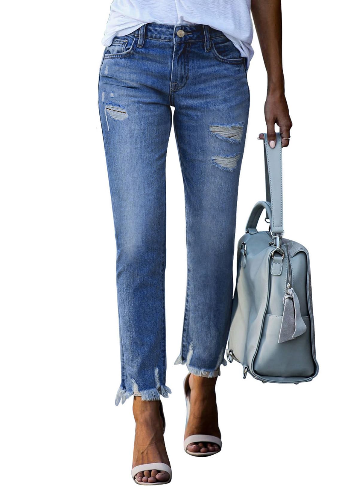 Sidefeel Women's Ripped Jeans Straight Leg Distressed Boyfriend Denim Pants