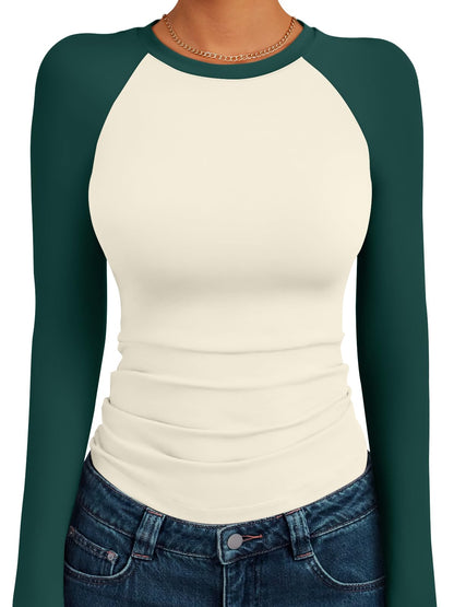 Trendy Queen Women's Long Sleeve Shirts Slim Fit Stretchy Color Block Slightly Cropped Tops