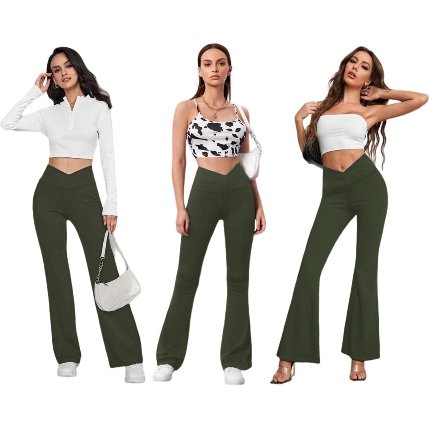 Women's Flare Leggings with Pockets-Crossover High Waisted Bootcut Yoga Pants-Tummy Control Bell Bottom Leggings