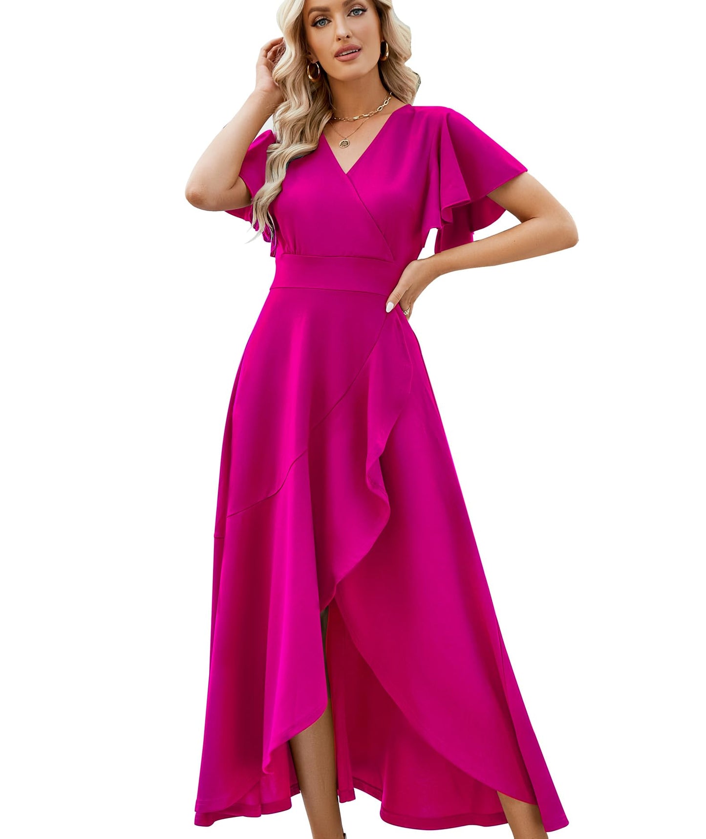 Long Black Formal Dresses for Women Gowns Evening Party Cocktail Dress,Split Elegant V Neck Wrap Ruffle Wedding Guest Dresses