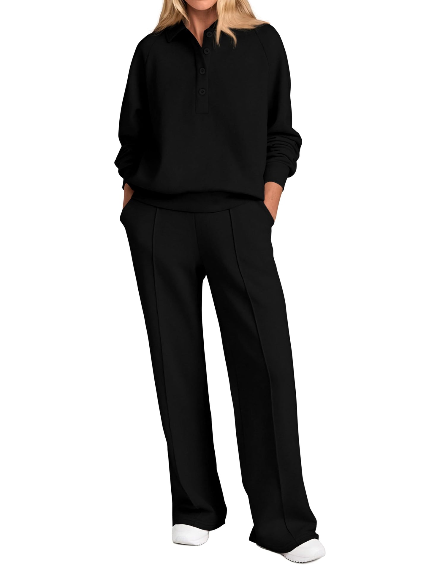 PRETTYGARDEN Women Fall 2 Piece Outfits Sweatsuits Quarter Button Long Sleeve Sweatshirt Wide Leg Pants Tracksuit Lounge Sets