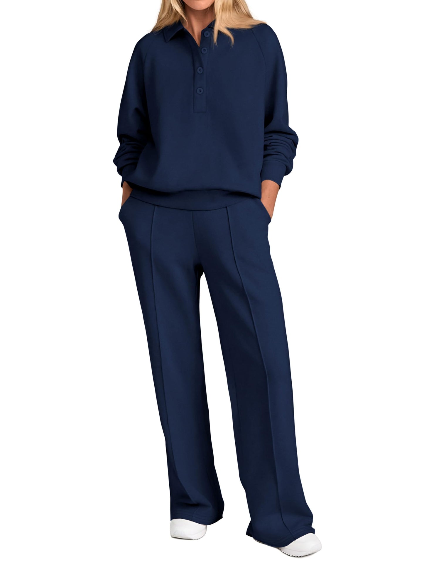 PRETTYGARDEN Women Fall 2 Piece Outfits Sweatsuits Quarter Button Long Sleeve Sweatshirt Wide Leg Pants Tracksuit Lounge Sets