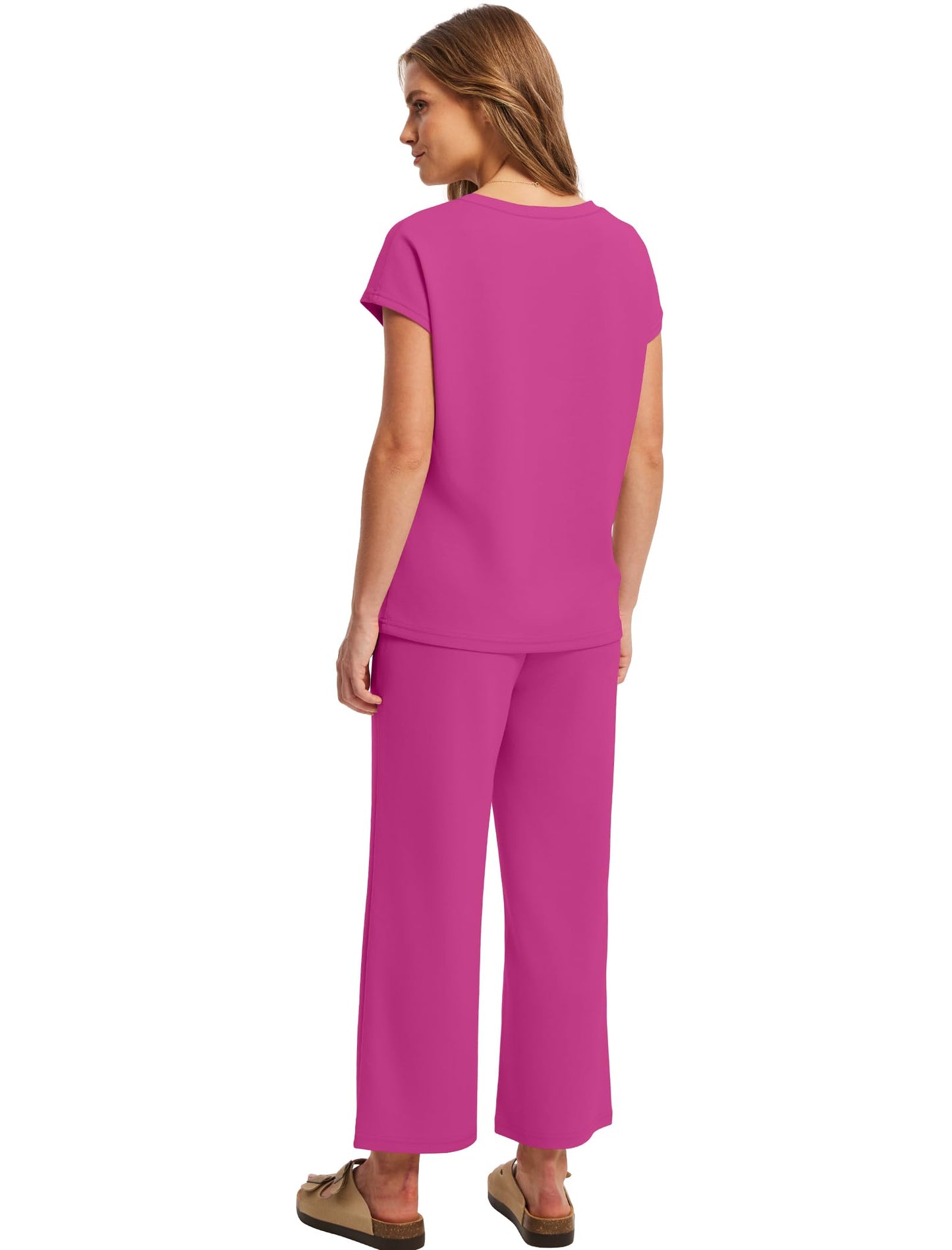 Saloogoe Two Piece Sets for Women Summer Outfits Lounge Sets V Neck Tops Wide Leg Pants Woman Vacation Travel Outfits