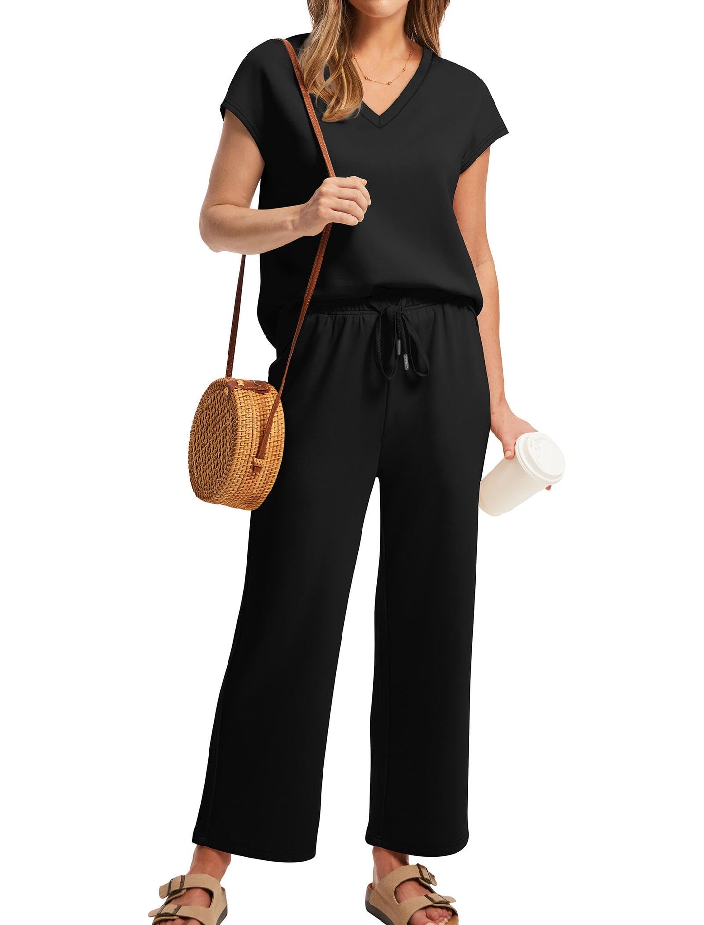 Saloogoe Two Piece Sets for Women Summer Outfits Lounge Sets V Neck Tops Wide Leg Pants Woman Vacation Travel Outfits