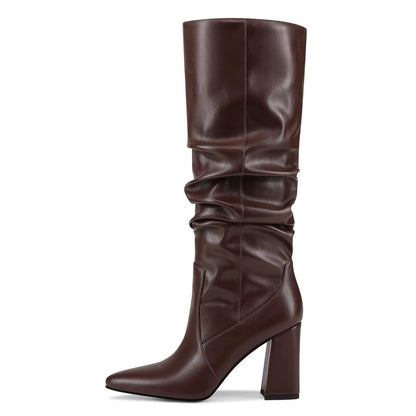 Women's Knee High Boots Slouch Pointed Toe Tall Block Heel Boots Pull On Fall Boots for Women