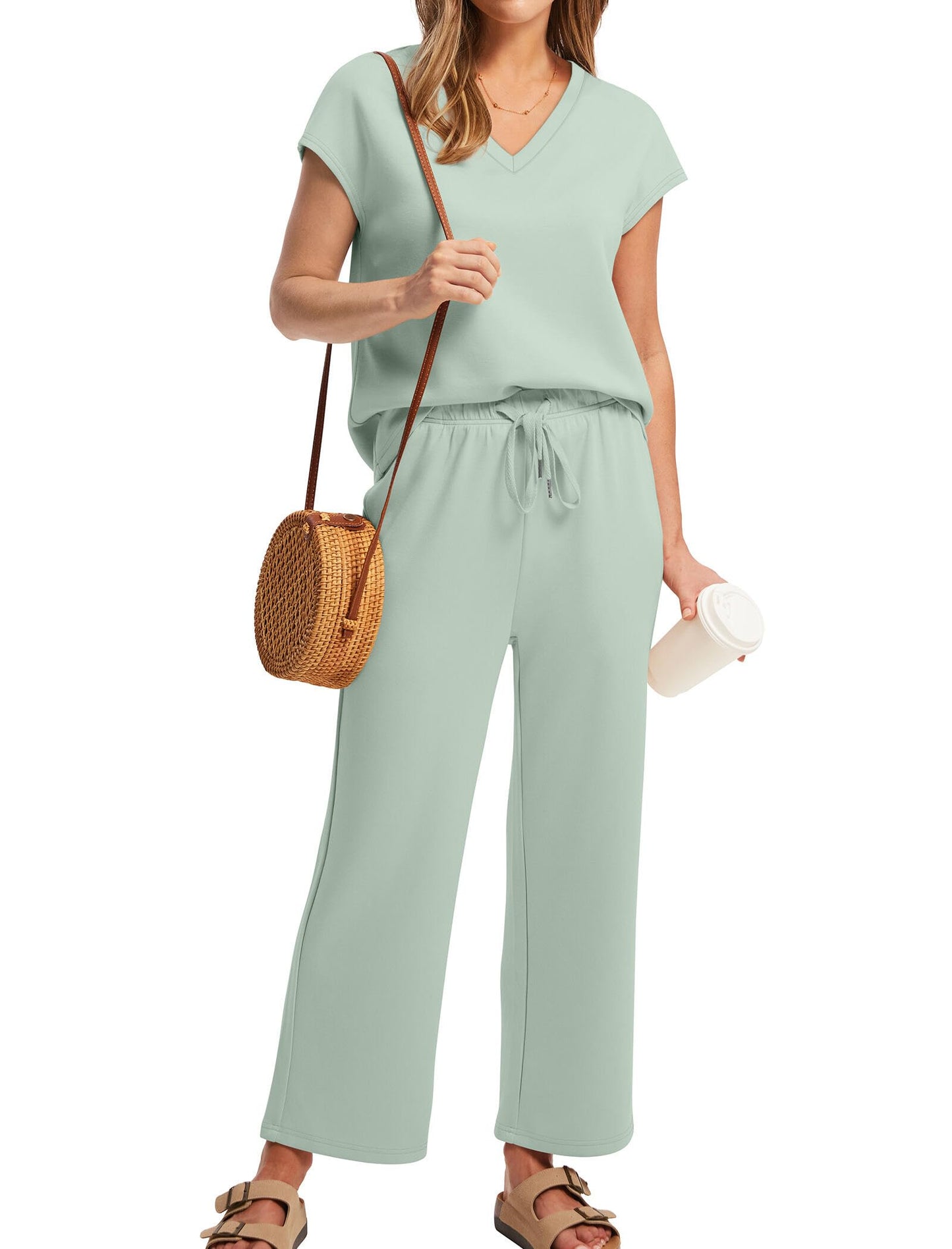Saloogoe Two Piece Sets for Women Summer Outfits Lounge Sets V Neck Tops Wide Leg Pants Woman Vacation Travel Outfits