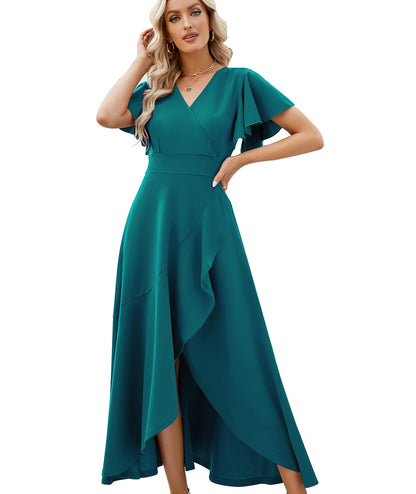 Long Black Formal Dresses for Women Gowns Evening Party Cocktail Dress,Split Elegant V Neck Wrap Ruffle Wedding Guest Dresses