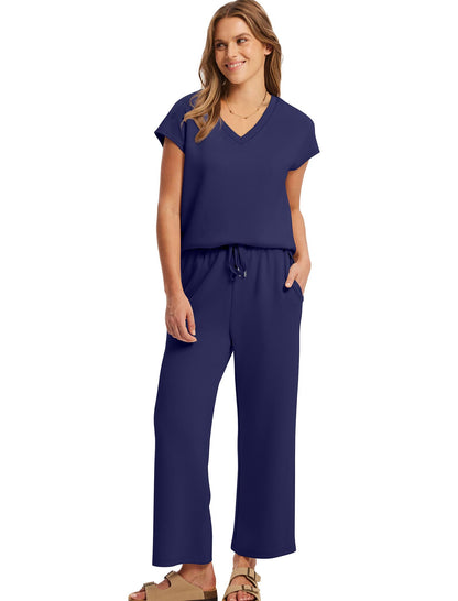 Saloogoe Two Piece Sets for Women Summer Outfits Lounge Sets V Neck Tops Wide Leg Pants Woman Vacation Travel Outfits