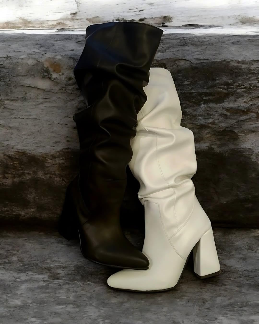 Women's Knee High Boots Slouch Pointed Toe Tall Block Heel Boots Pull On Fall Boots for Women