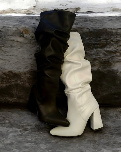 Women's Knee High Boots Slouch Pointed Toe Tall Block Heel Boots Pull On Fall Boots for Women