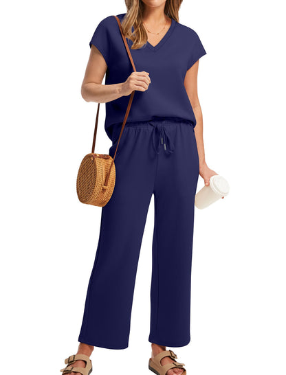 Saloogoe Two Piece Sets for Women Summer Outfits Lounge Sets V Neck Tops Wide Leg Pants Woman Vacation Travel Outfits