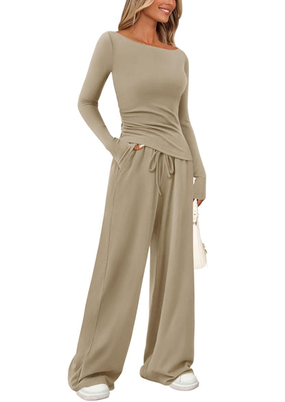 PRETTYGARDEN Women's 2 Piece Lounge Sets Asymmetrical Long Sleeve T Shirt Wide Leg Pants Casual Outfits Tracksuit