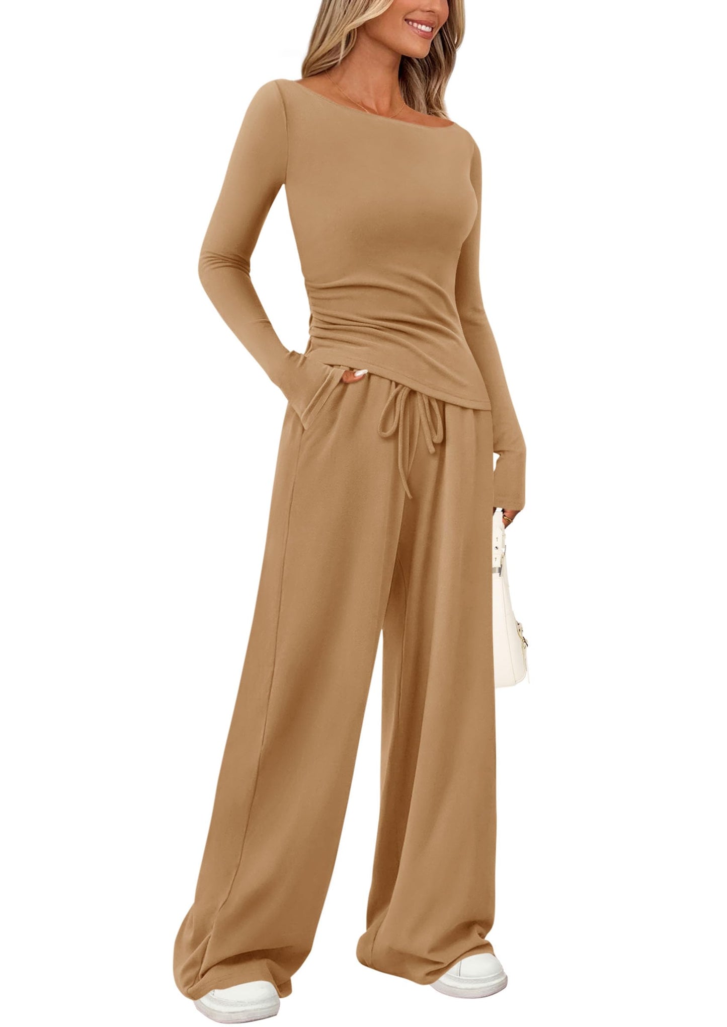 PRETTYGARDEN Women's 2 Piece Lounge Sets Asymmetrical Long Sleeve T Shirt Wide Leg Pants Casual Outfits Tracksuit