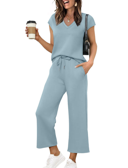 Saloogoe Two Piece Sets for Women Summer Outfits Lounge Sets V Neck Tops Wide Leg Pants Woman Vacation Travel Outfits