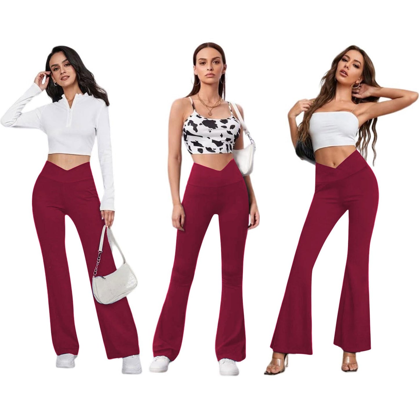 Women's Flare Leggings with Pockets-Crossover High Waisted Bootcut Yoga Pants-Tummy Control Bell Bottom Leggings