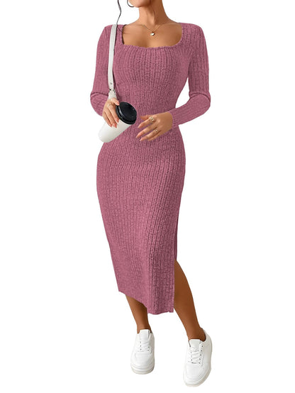 ETCYY NEW Womens Fall Dresses Square Neck Knitted Elastic Basic Winter Bodycon Versatile Slit Dress