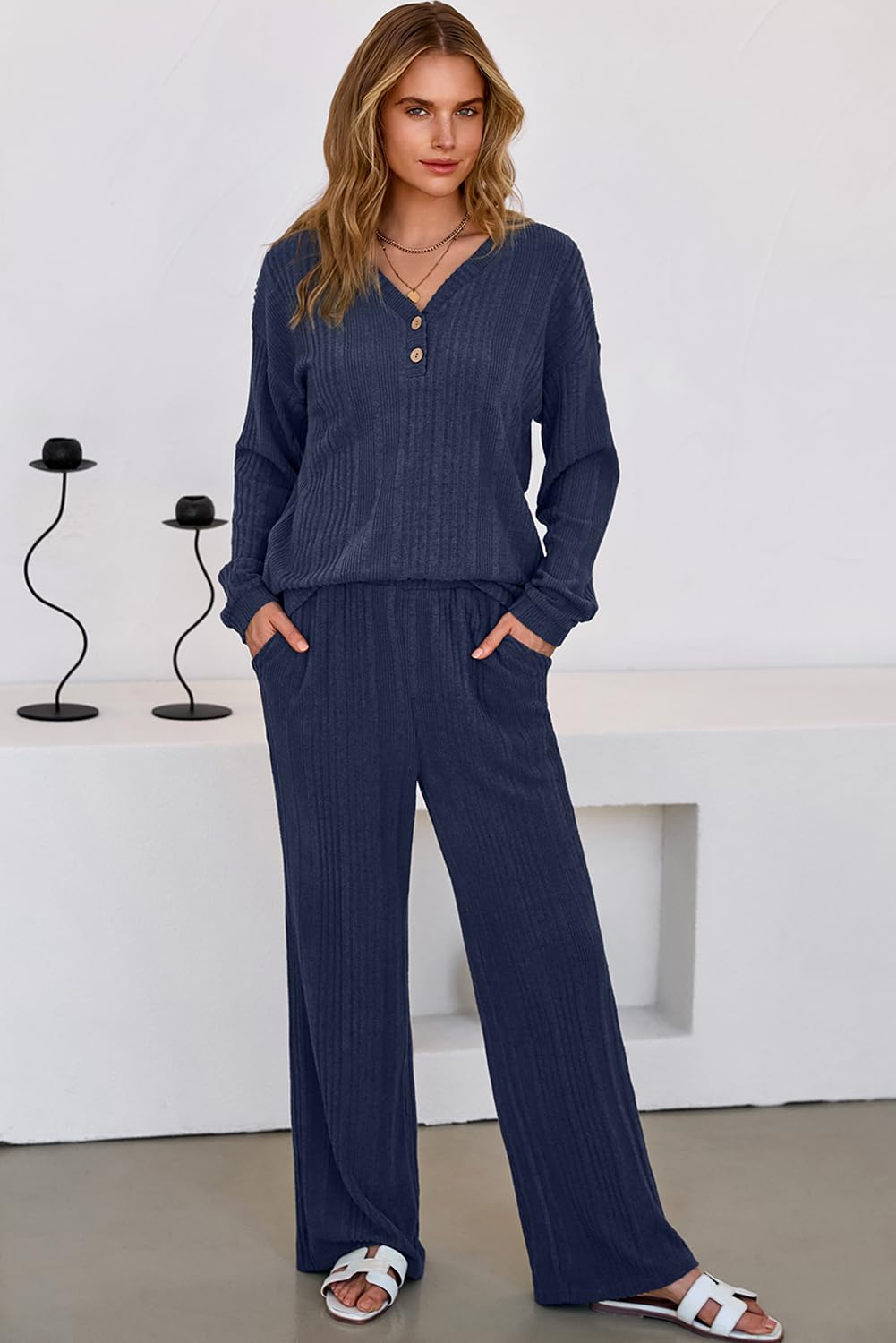 Dokotoo 2 Piece Lounge Sets for Women Ribbed Knit Button V Neck Long Sleeve Tops Matching Pants Pajamas Set 2025 Fall Outfits