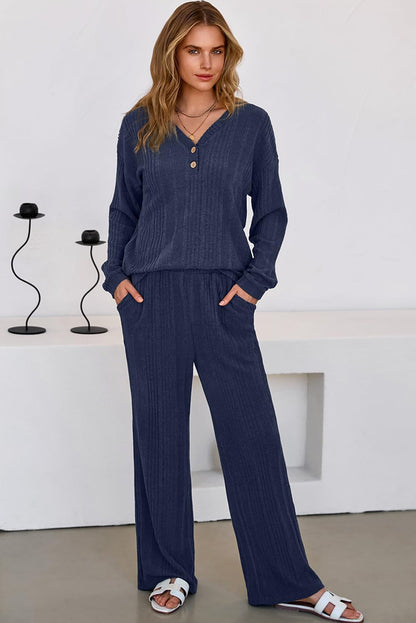 Dokotoo 2 Piece Lounge Sets for Women Ribbed Knit Button V Neck Long Sleeve Tops Matching Pants Pajamas Set 2025 Fall Outfits