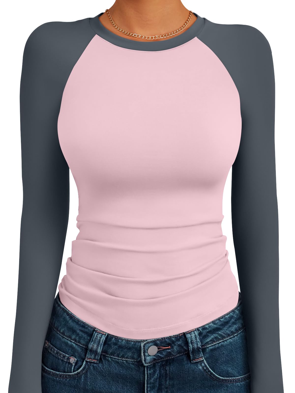 Trendy Queen Women's Long Sleeve Shirts Slim Fit Stretchy Color Block Slightly Cropped Tops