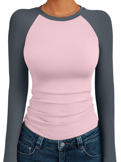 Trendy Queen Women's Long Sleeve Shirts Slim Fit Stretchy Color Block Slightly Cropped Tops