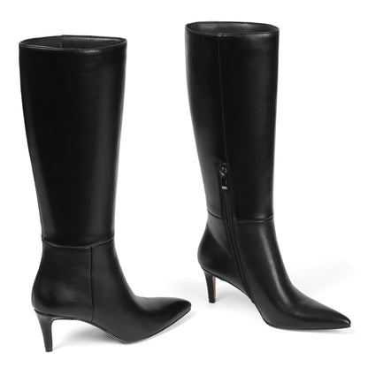 Knee High Boots for Women Pointed Toe Stiletto Kitten Heel Tall Boots Side Zipper Wide Calf Boot Fall Winter Sexy Fashion Dress Shoes Botas Negras