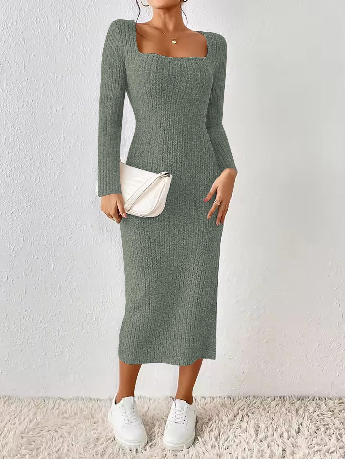 ETCYY NEW Womens Fall Dresses Square Neck Knitted Elastic Basic Winter Bodycon Versatile Slit Dress