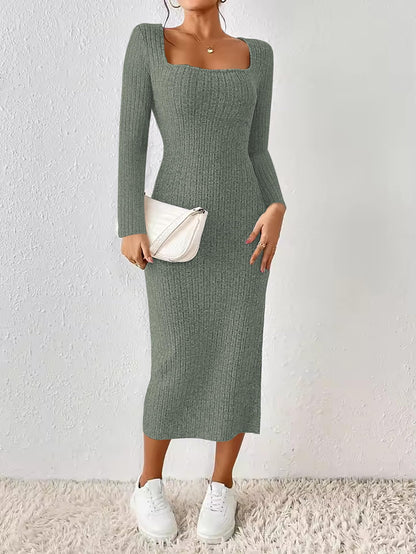 ETCYY NEW Womens Fall Dresses Square Neck Knitted Elastic Basic Winter Bodycon Versatile Slit Dress