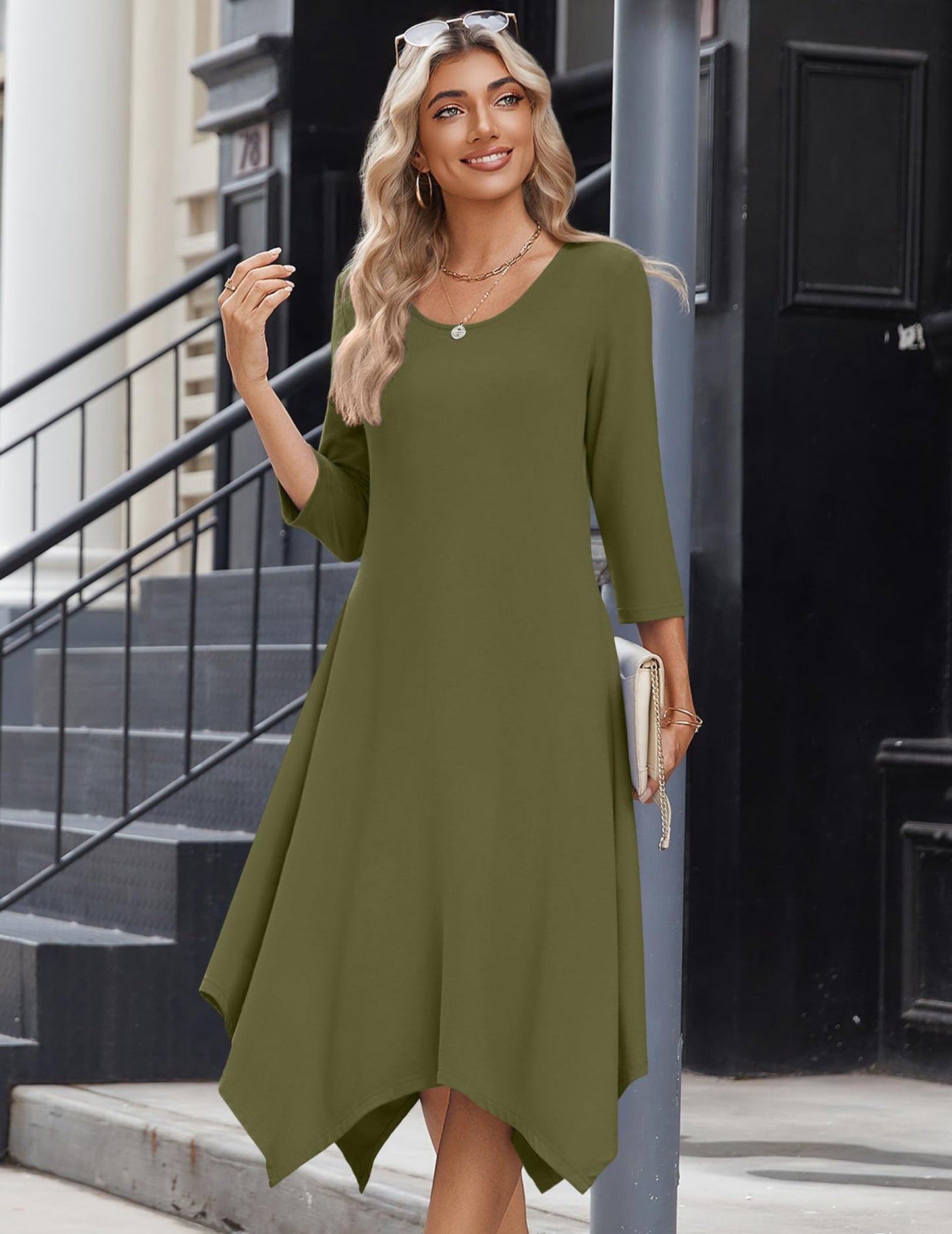 Zeagoo Midi Women 3/4 Sleeve Dress Casual Dresses with Pockets 2025 Fall A Line Dress Elegant Formal Modest Dresses