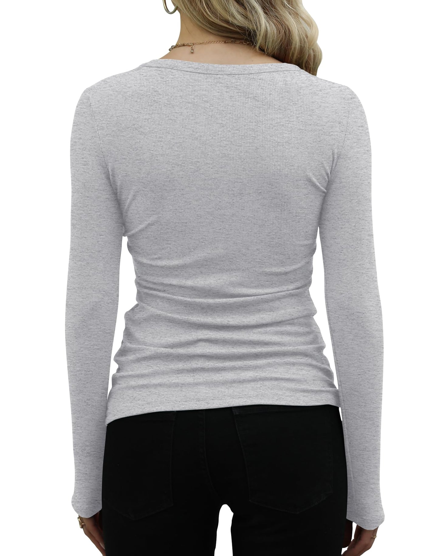 GEMBERA Womens Ribbed Long Sleeve Crewneck Casual Slim Basic Shirts Fitted Knit Tops