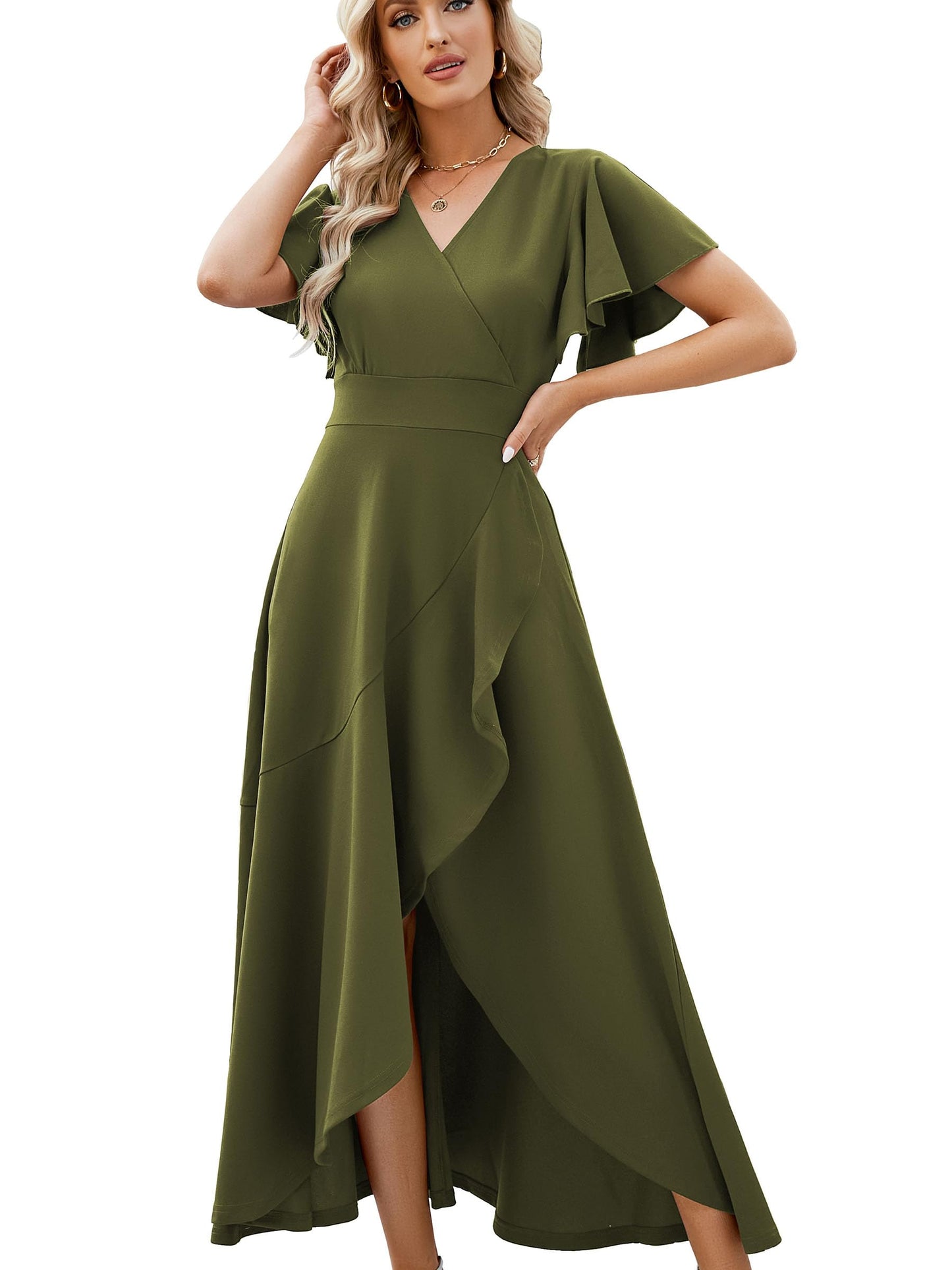 Long Black Formal Dresses for Women Gowns Evening Party Cocktail Dress,Split Elegant V Neck Wrap Ruffle Wedding Guest Dresses
